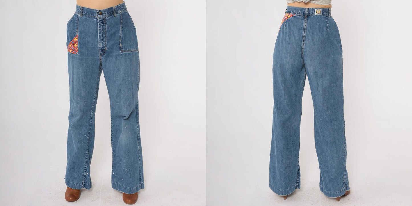 70s Rumble Seats Wilkins Patchwork Jeans High Waisted Wide Leg Medium Blue Medium