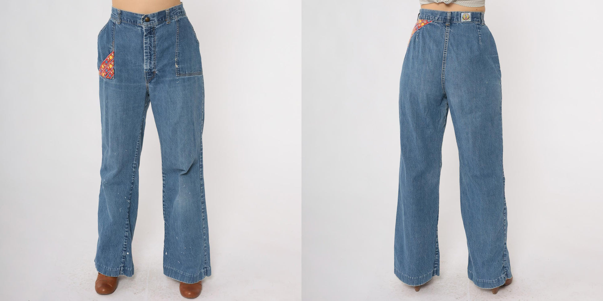 70s Rumble Seats Wilkins Patchwork Jeans High Waisted Wide Leg Medium Blue Medium