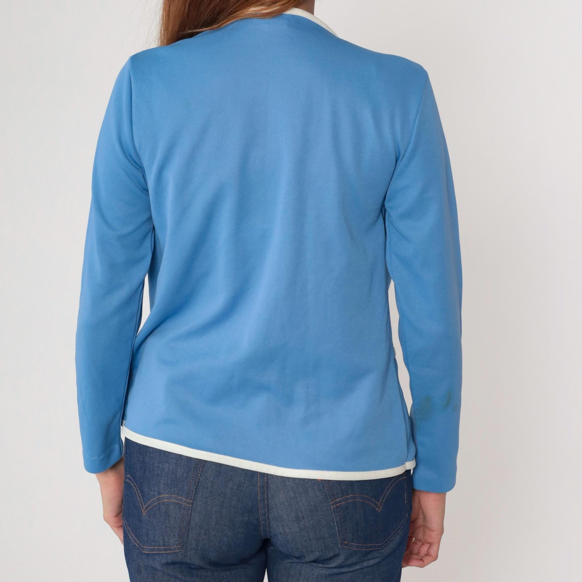 70s Lady Blair Blue Jacket White Piping Open Front Long Sleeve Medium