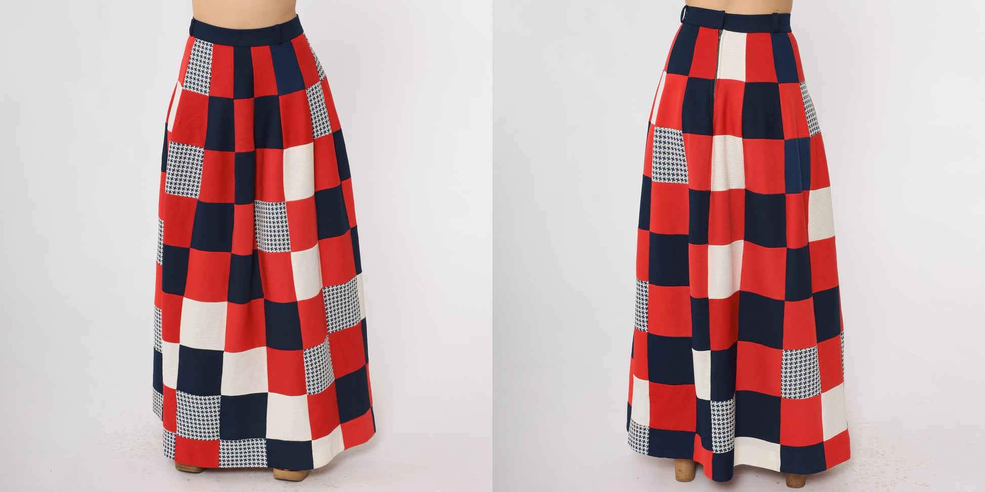 70s Red White Blue Patchwork Maxi Skirt High Waist Flared Medium