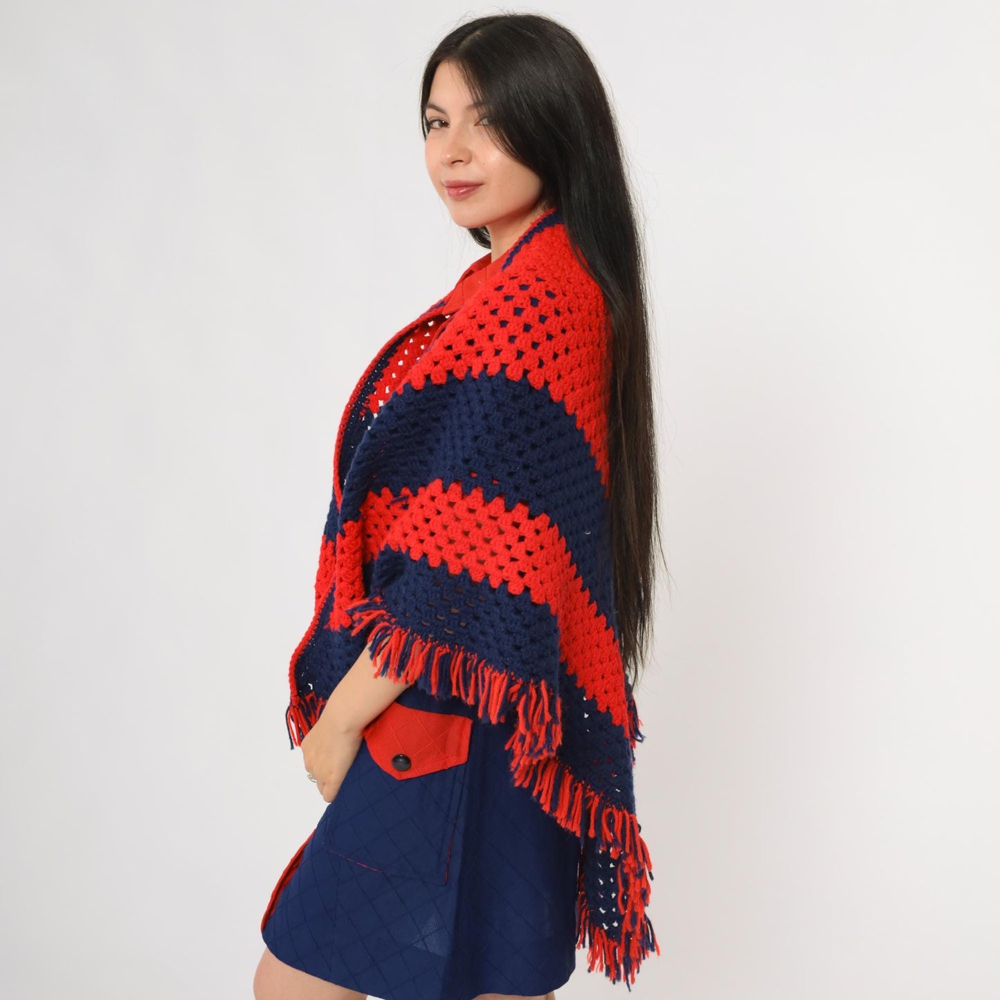 70s Crochet Shawl Red Navy Granny Square Triangle Poncho Fringe One Size