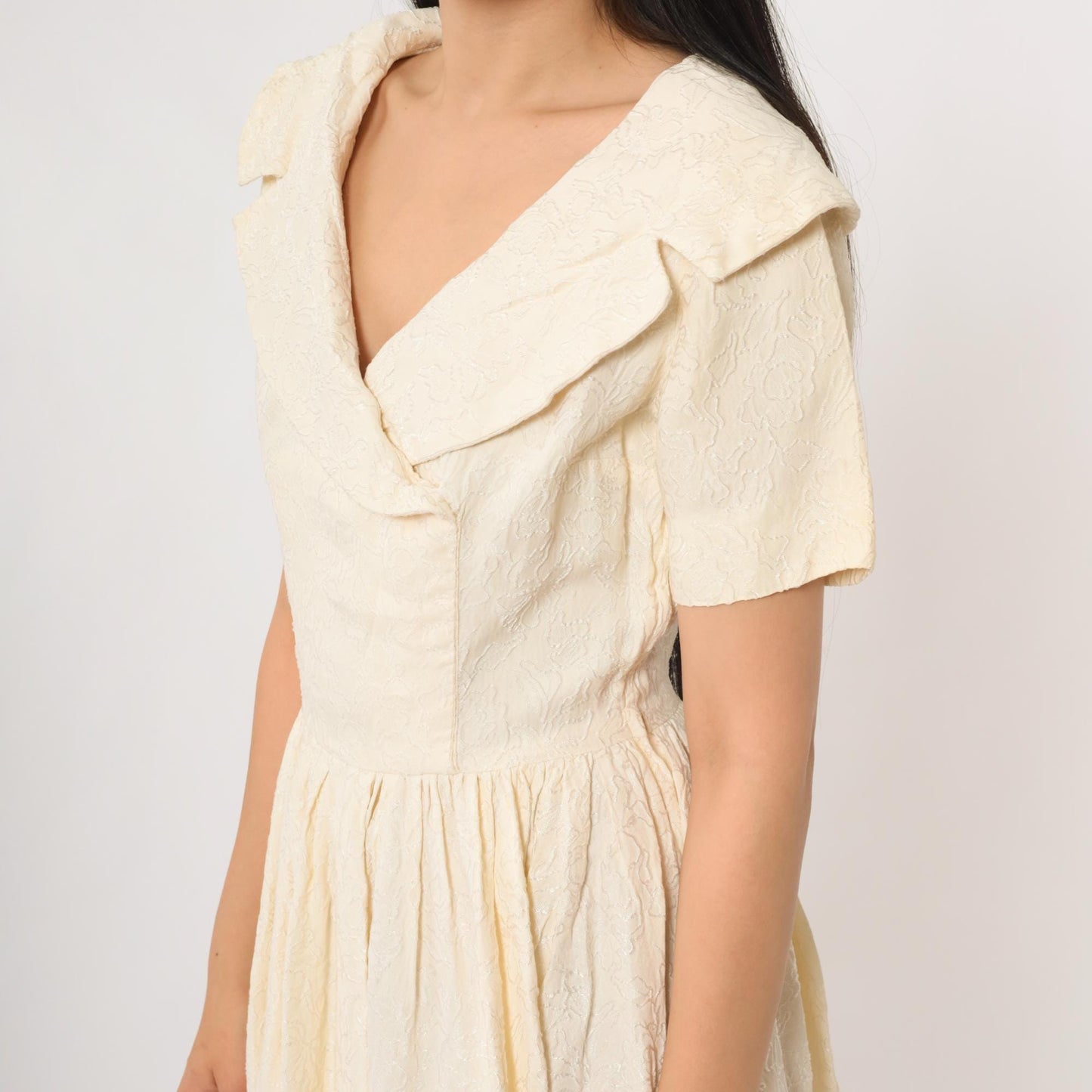 1950s Cream Sailor Collar Midi Dress Jacquard Small Medium