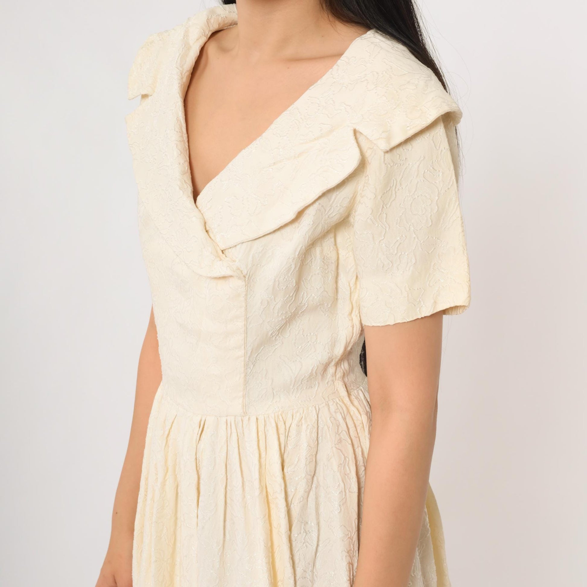 1950s Cream Sailor Collar Midi Dress Jacquard Small Medium