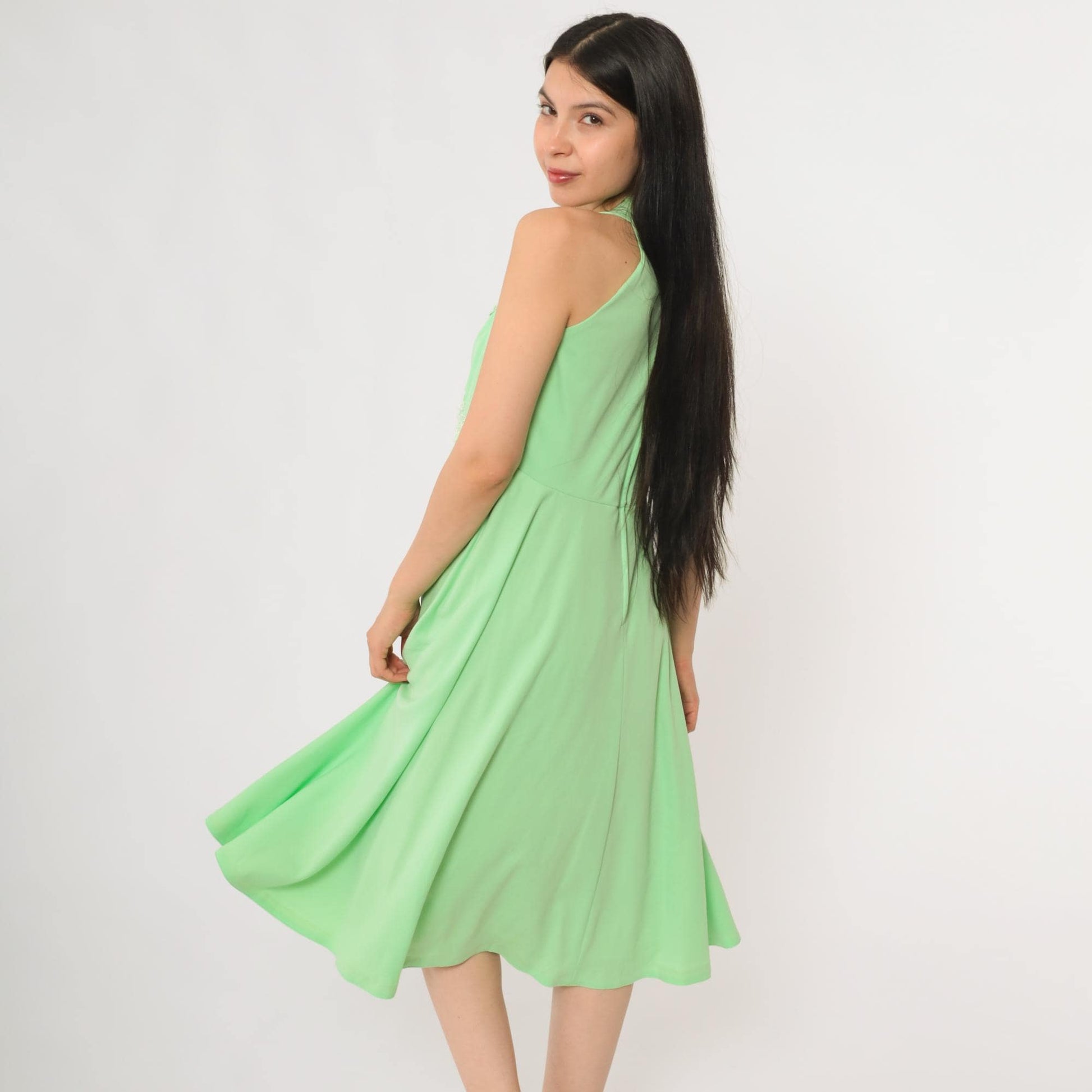 70s Green Halter Midi Dress Floral Lace Trim Sleeveless Summer Medium