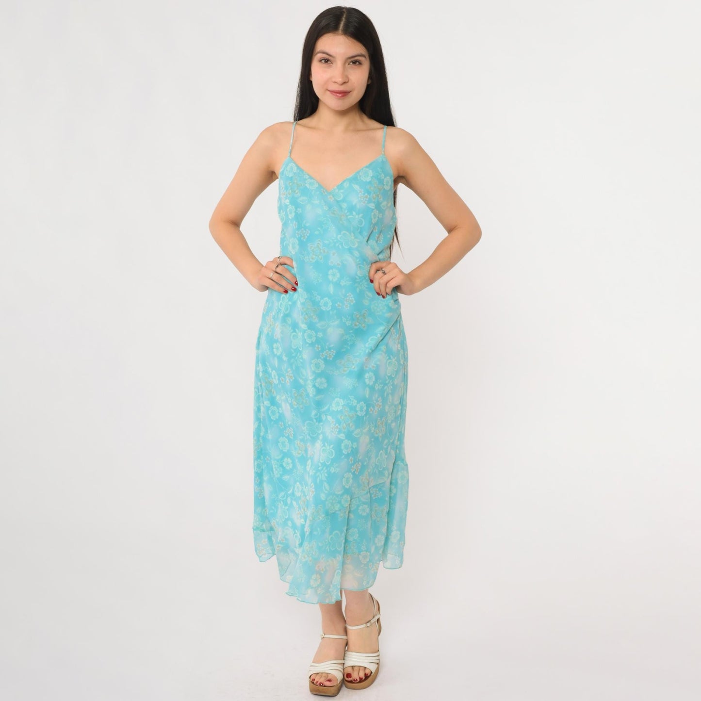 Y2K New York & Company Aqua Floral Slip Dress Midi Spaghetti Strap Large