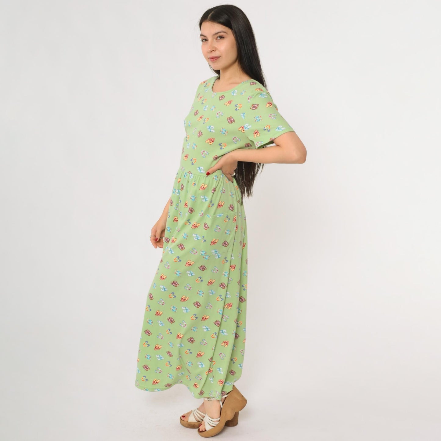 90s Sage Green Maxi Dress Flip Flop Novelty Print Cotton Scoop Neck Large L