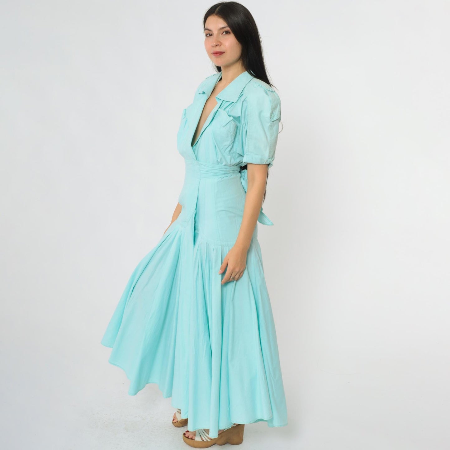 90s Karen Alexander Prairie Wrap Dress Mint Green Cotton Maxi Puff Sleeves Small S