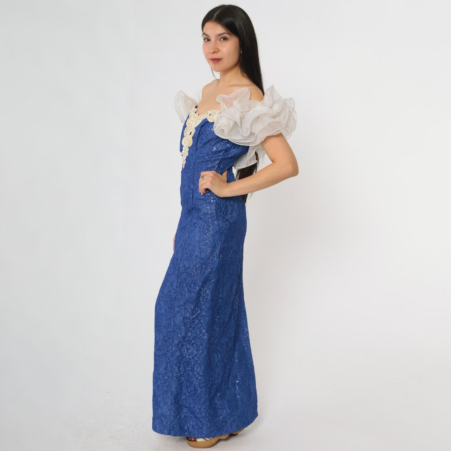 80s Royal Blue Lace Prom Gown Loralie Beaded Strapless Small