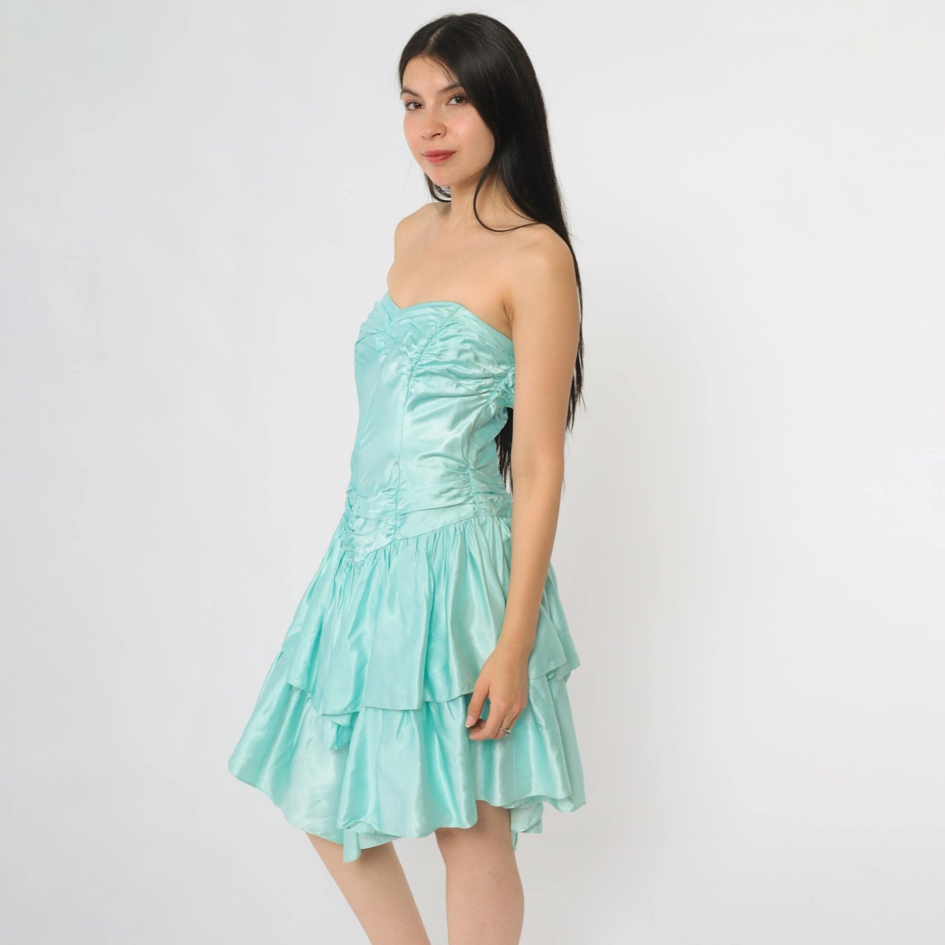 90s Roberta Mint Satin Strapless Mini Dress Tiered Ruffle Sweetheart Neckline Extra Small XS