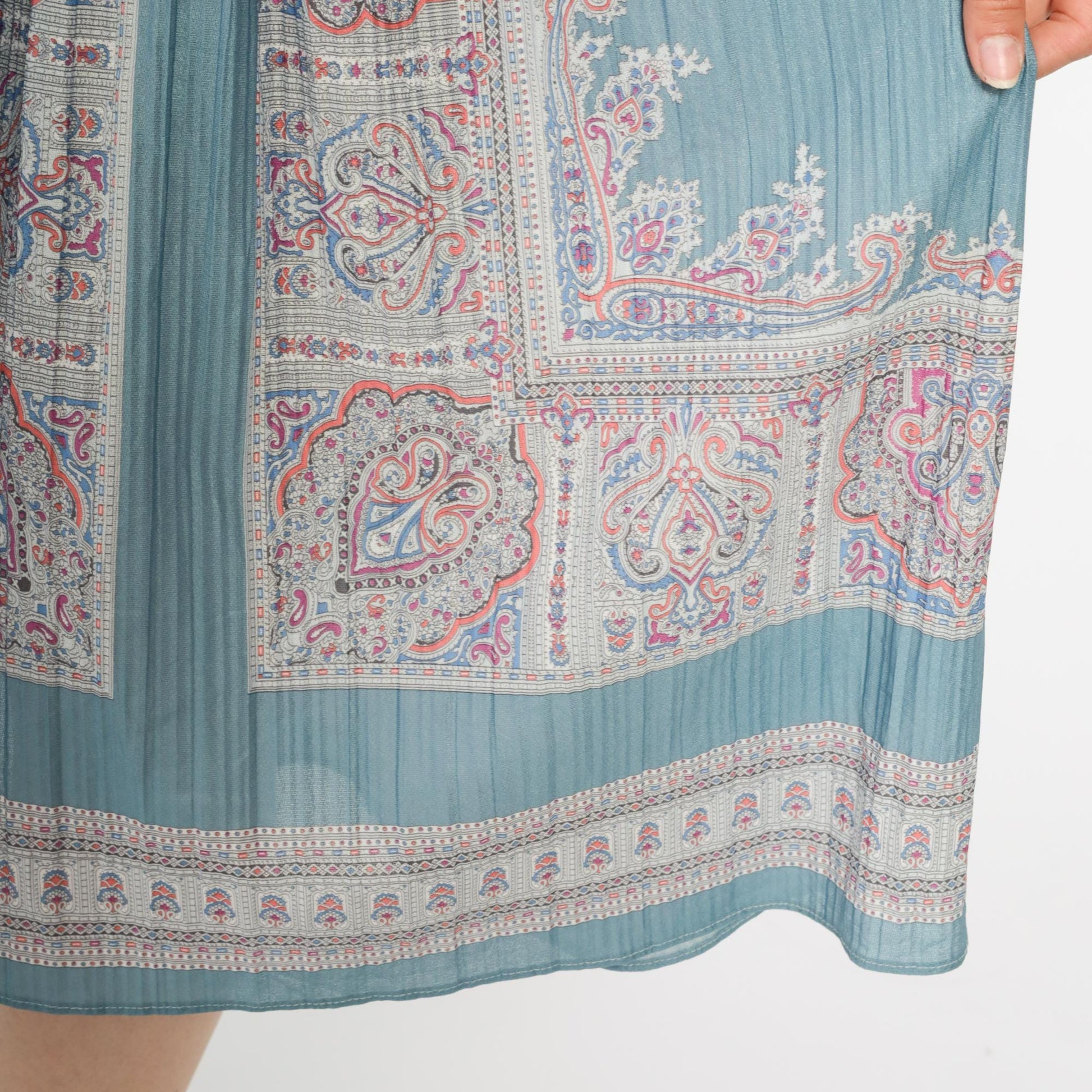 80s Hal Ferman Sage Green Midi Dress Paisley Floral Print Mandarin Collar Medium