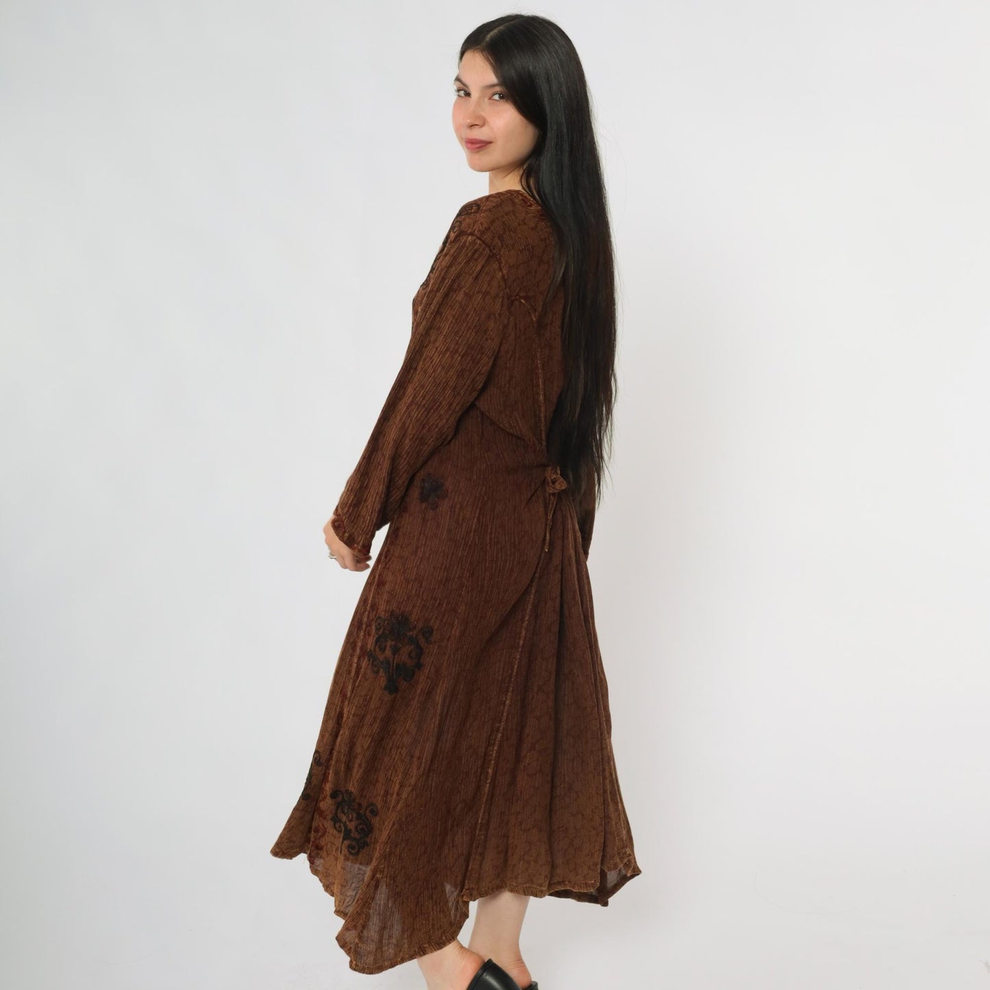 Y2K Brown Floral Embroidered Midi Dress Square Neck Long Sleeve Medium
