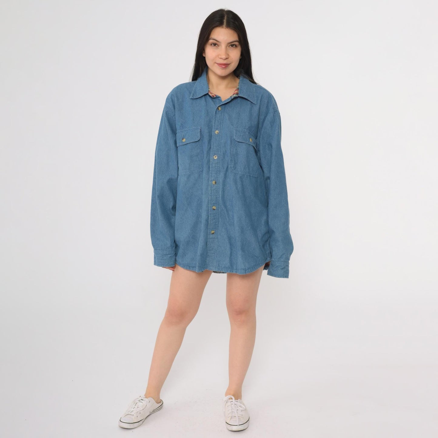 90s Scandia Woods Denim Shirt Flannel Lined Blue Button Down Large L