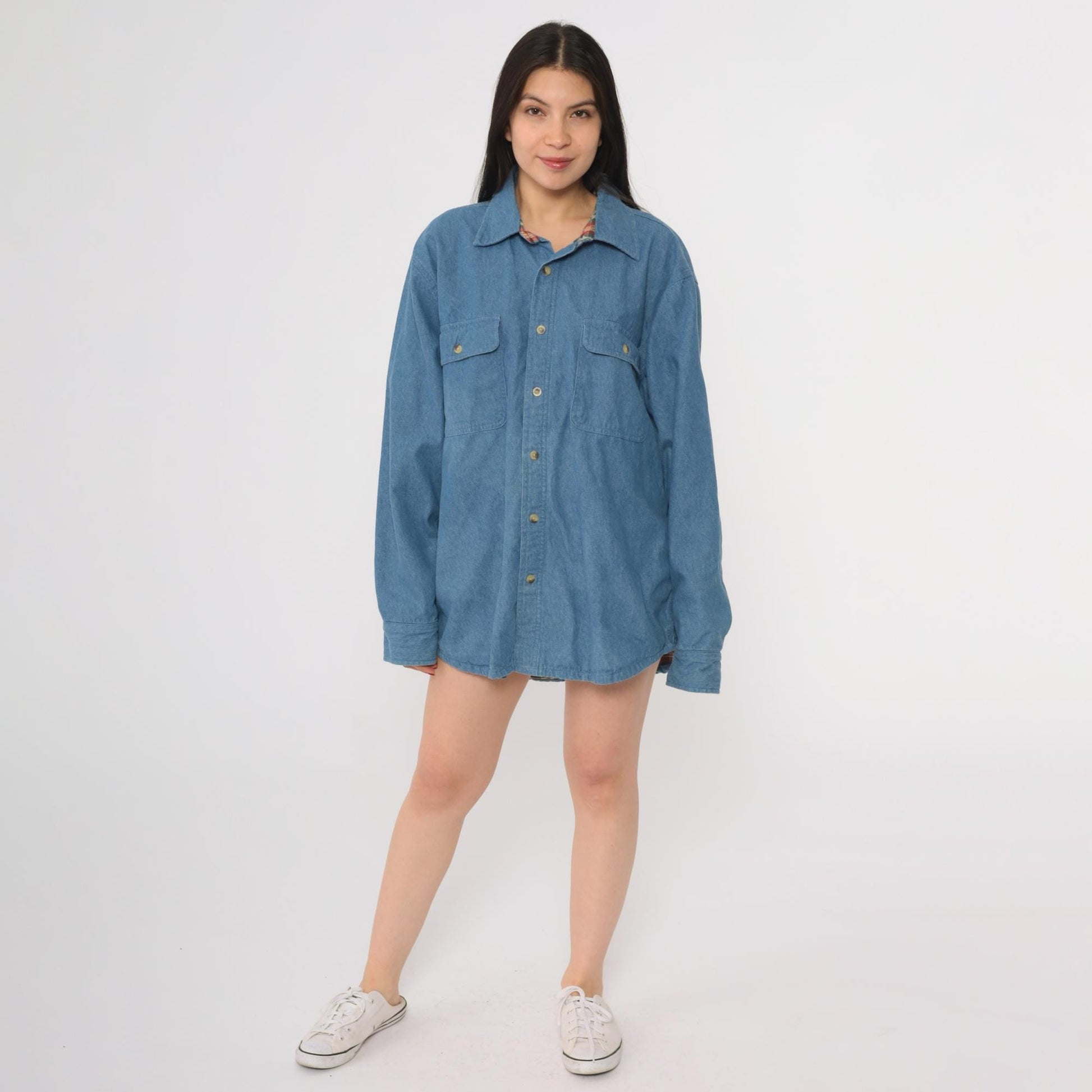 90s Scandia Woods Denim Shirt Flannel Lined Blue Button Down Large L