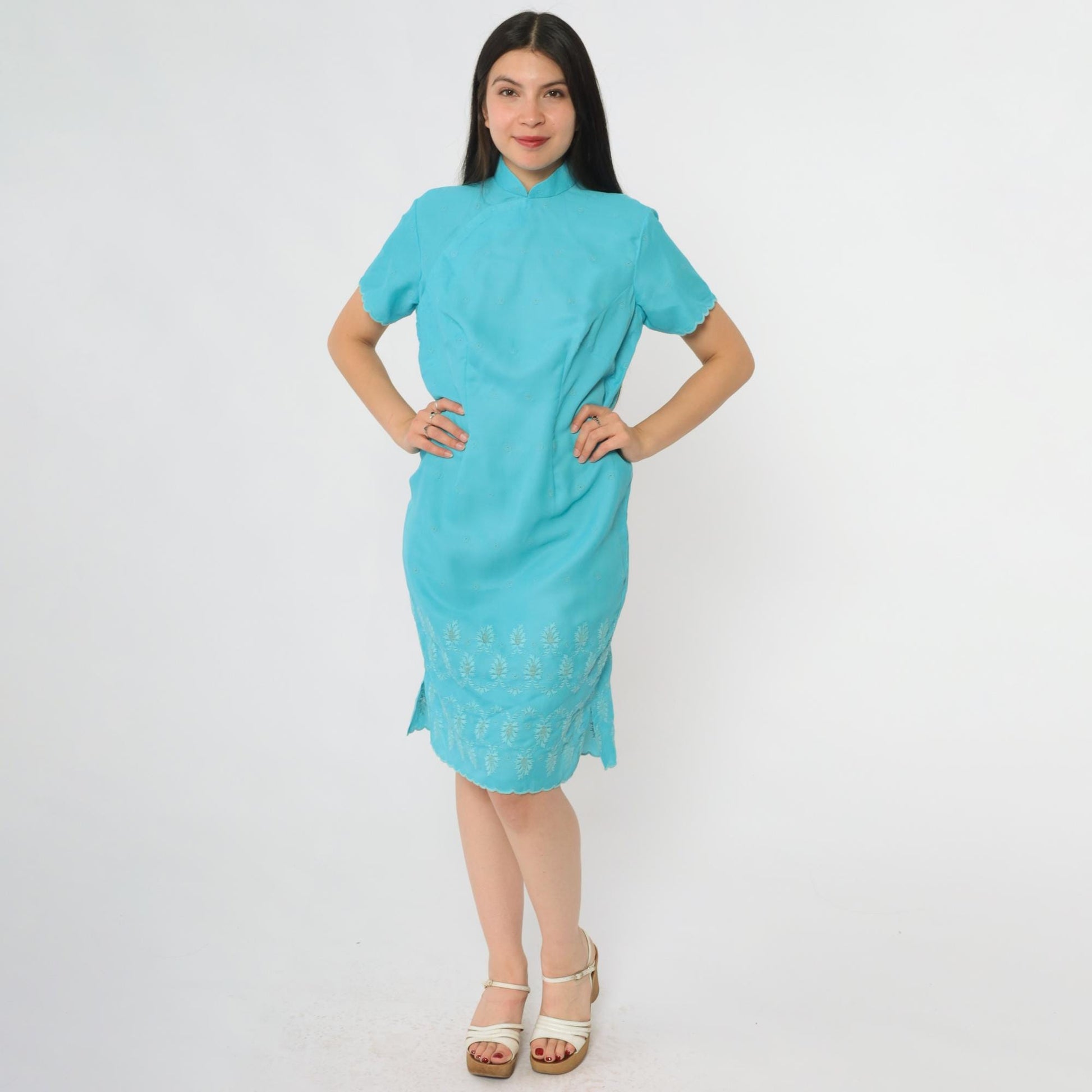 60s Turquoise Shift Dress Mandarin Collar Embroidered Eyelet Mini Large L
