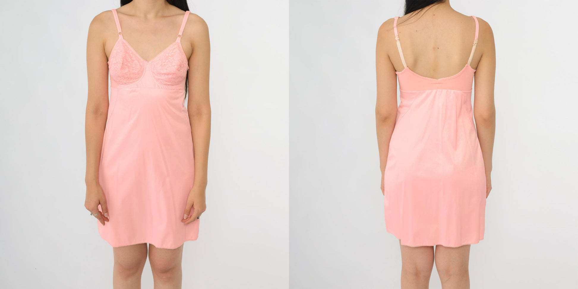70s Coral Pink Slip Dress Lace Bust V-Neck Spaghetti Straps Mini Small