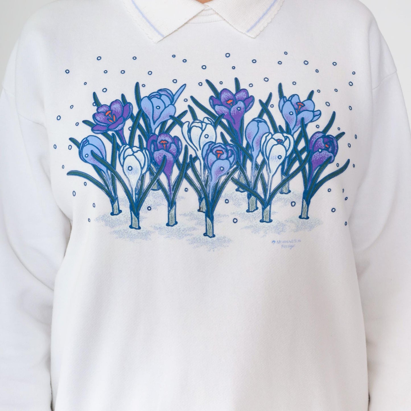 90s White Floral Puff Paint Collared Sweatshirt Medium M