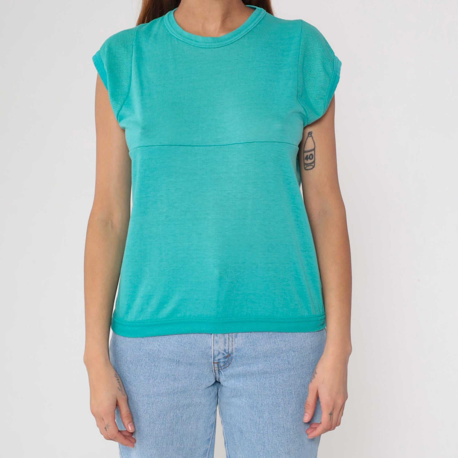 80s Turquoise Athletic Tank Top Mesh Panels Crew Neck Small Medium