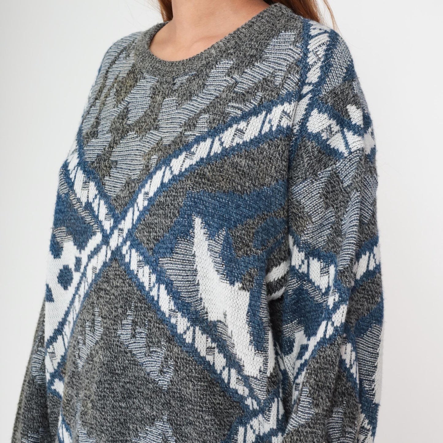 80s Geometric Sweater Crewneck Knit Grey Blue Southwestern Diamond Pattern Large L
