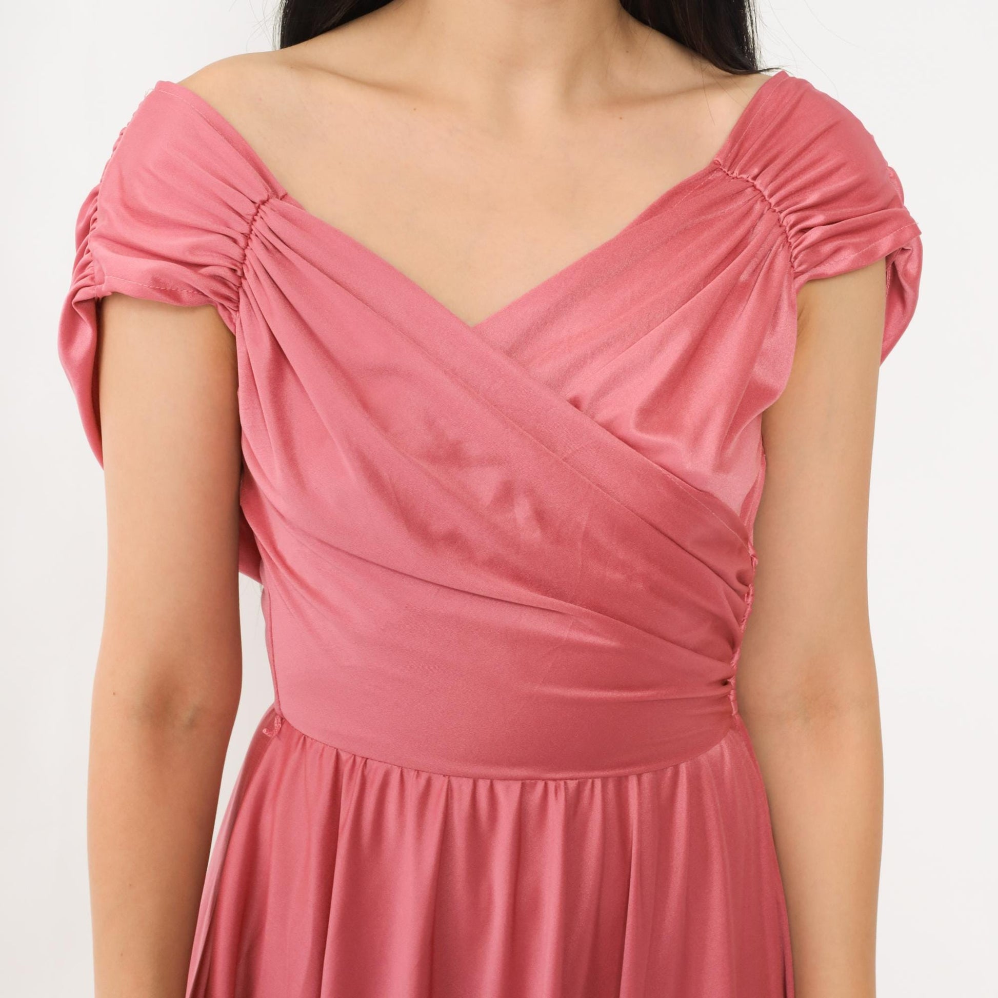 70s Coral Pink Maxi Dress Draped V-Neck Wrap Floor Length Extra Small XS