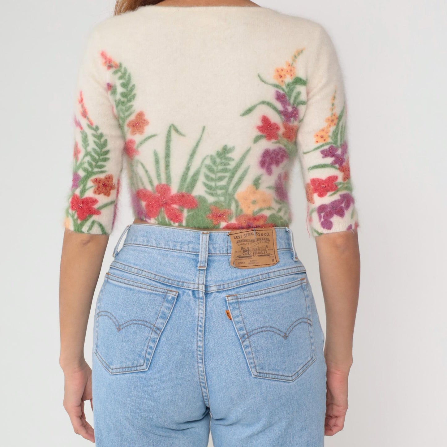 Y2K Cream Floral Crop Top Angora Embroidered V-Neck Extra Small XS