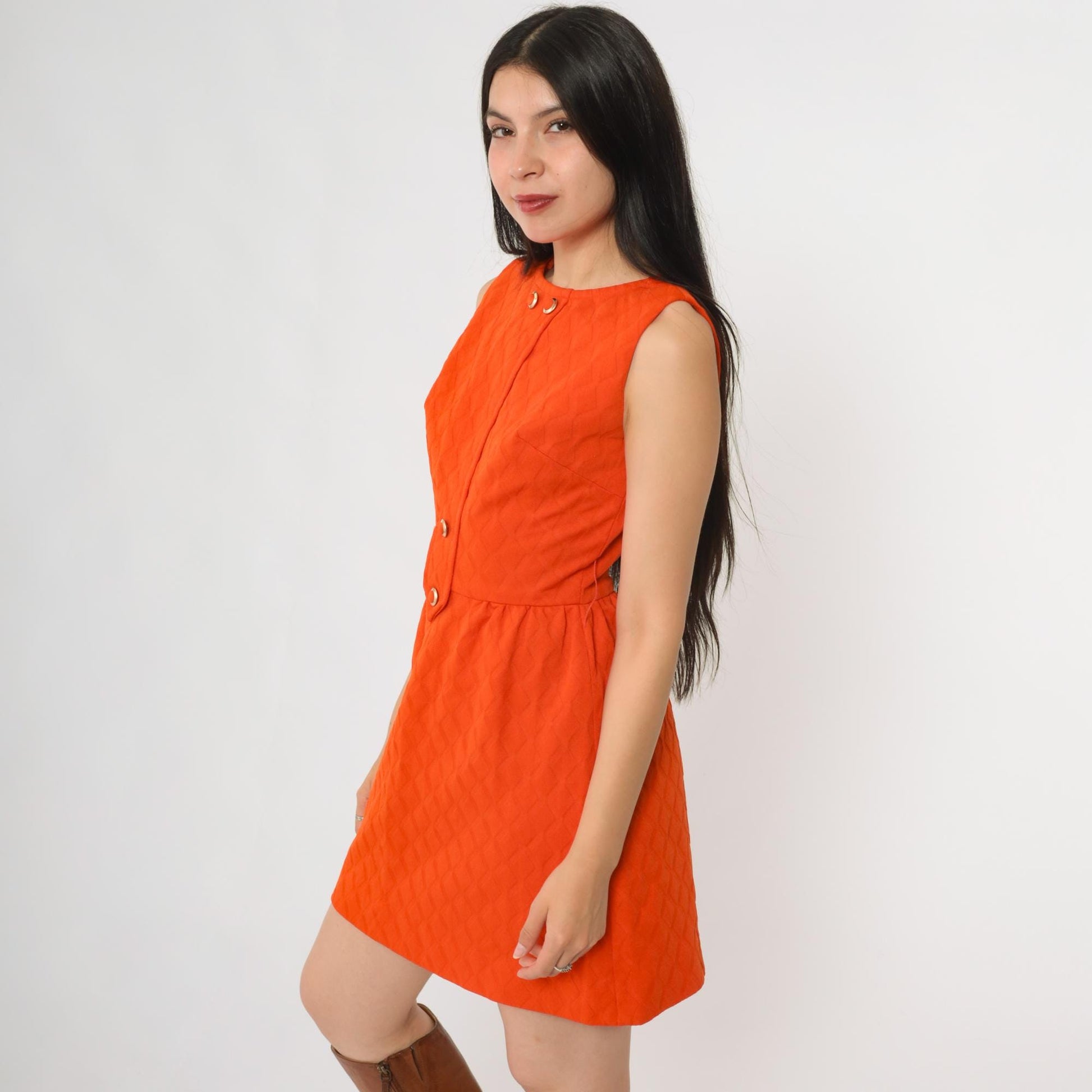 60s Orange Mod Mini Shift Dress A n R Jr Gold Button XS