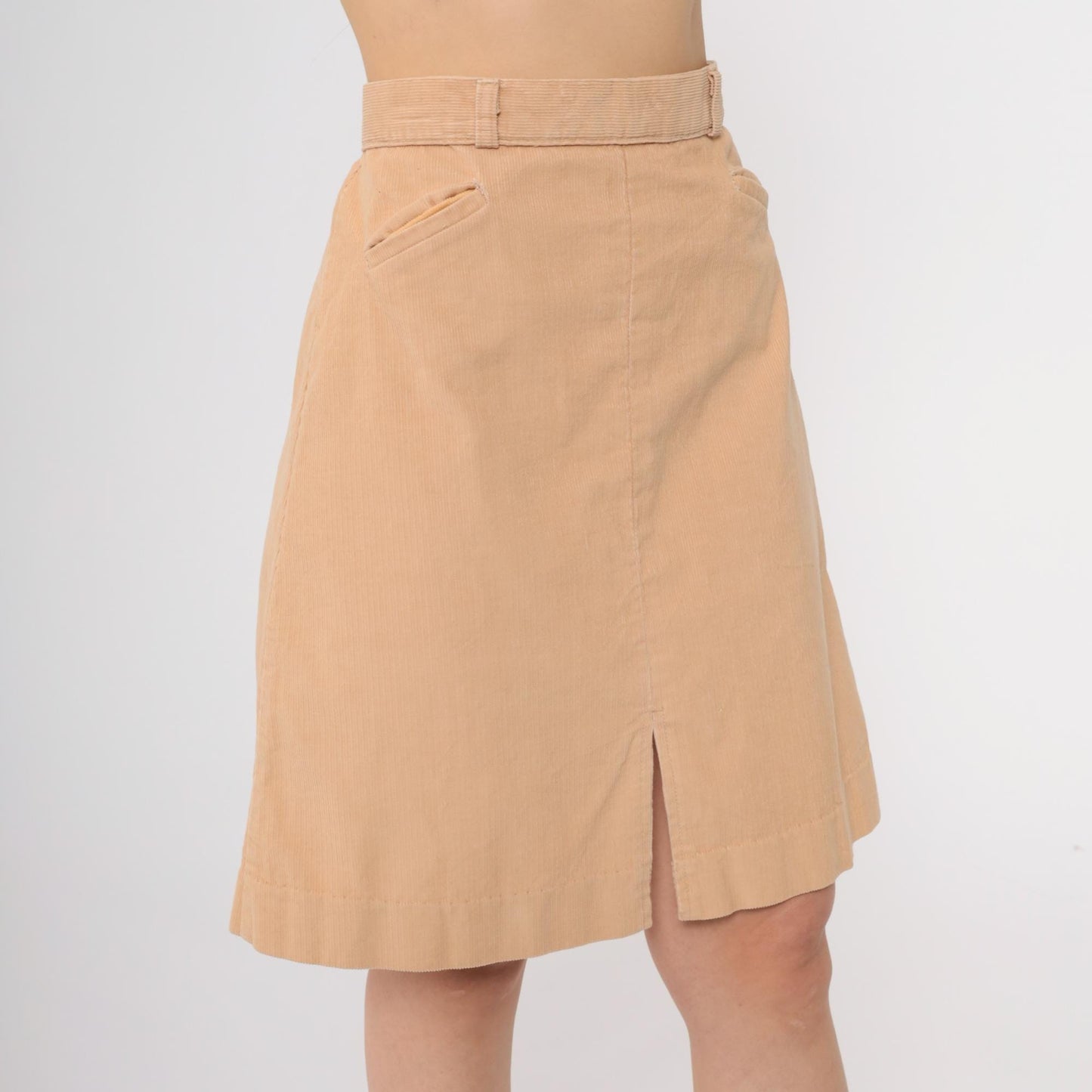 80s Tan Corduroy A-Line Skirt High Waisted Mini Front Slit Small S