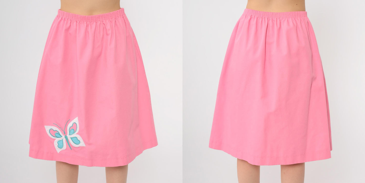 80s Hot Pink Butterfly Applique A-Line Midi Skirt Elastic Waist Large
