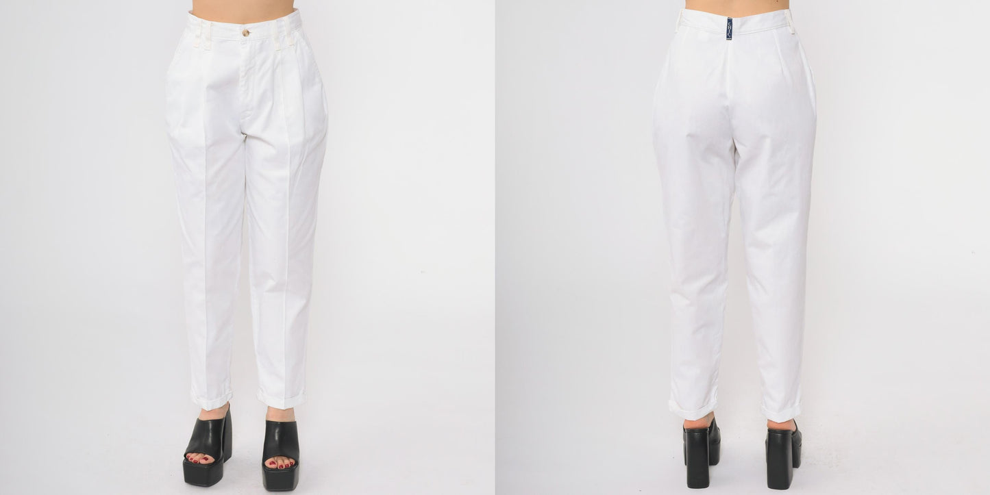 90s Chic White Cotton High-Waisted Straight Leg Trousers Petite 10