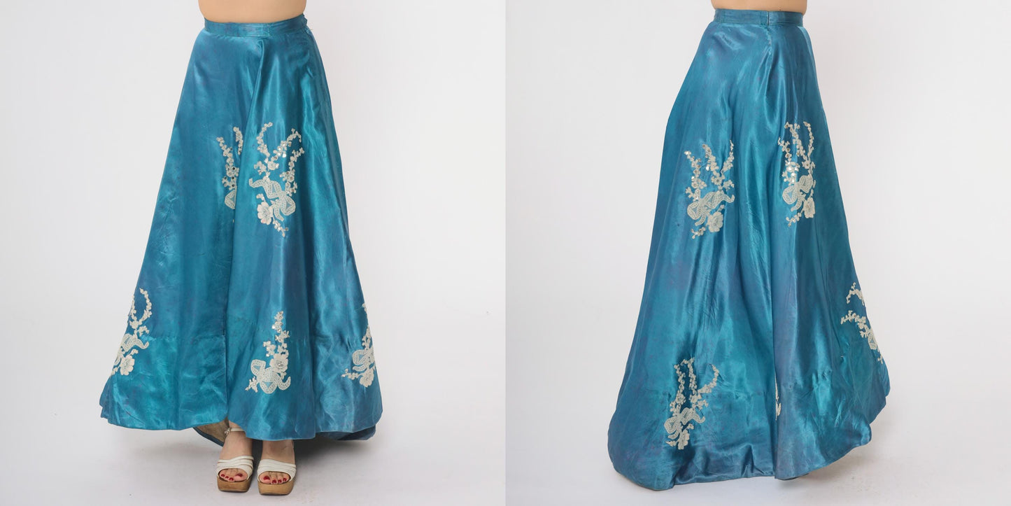 1940s Turquoise Circle Maxi Skirt Floral Embroidered High Waist XXS