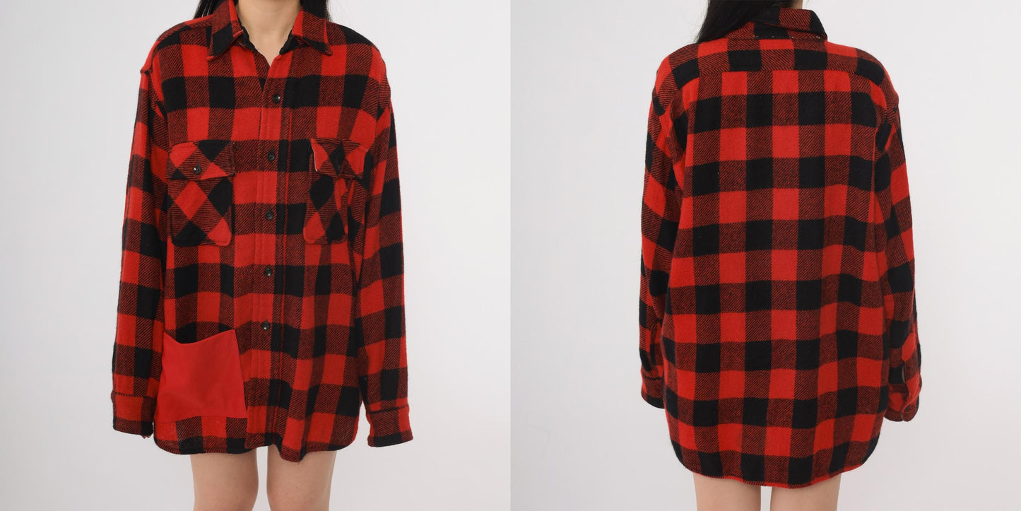 70s Brother Outerwear Buffalo Plaid Flannel Shirt Red Black Mens Large