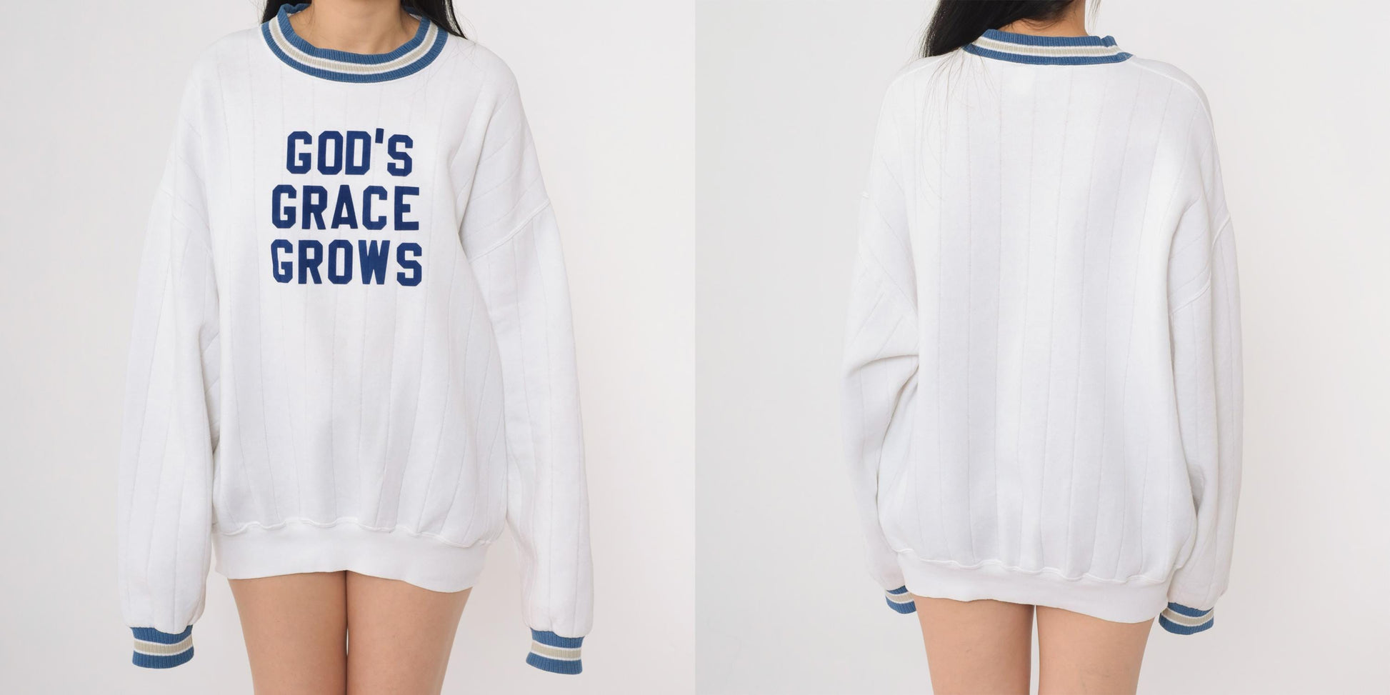 90s Jerzees God's Grace Grows Christian Sweatshirt White Navy Extra Large XL