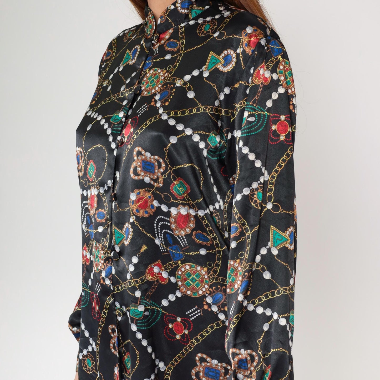 90s Baroque Gemstone Pearl Print Blouse Black Gold Chain Long Sleeve Large L