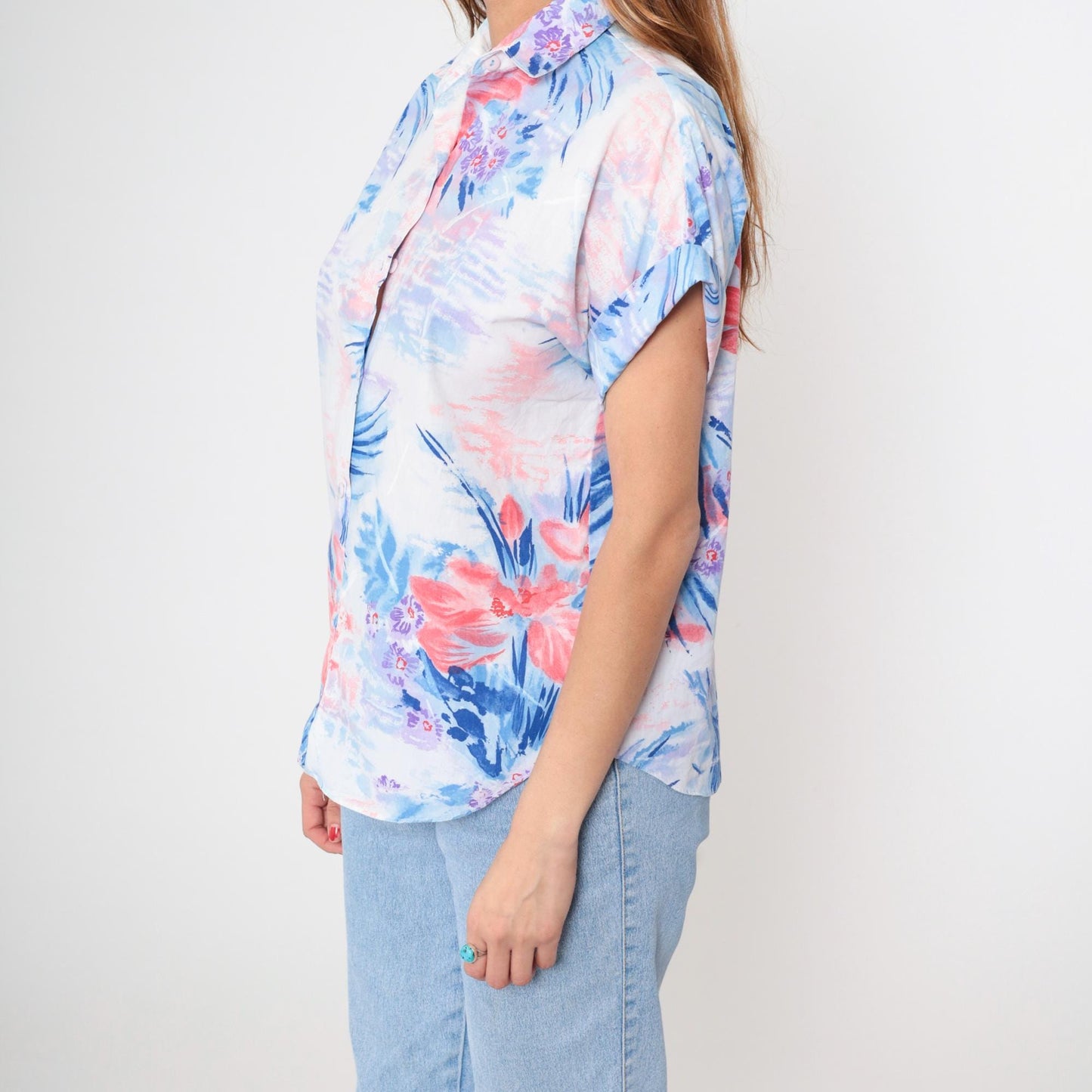 90s Watercolor Floral Button-Up Blouse Short Sleeve Collared Shirt Medium M