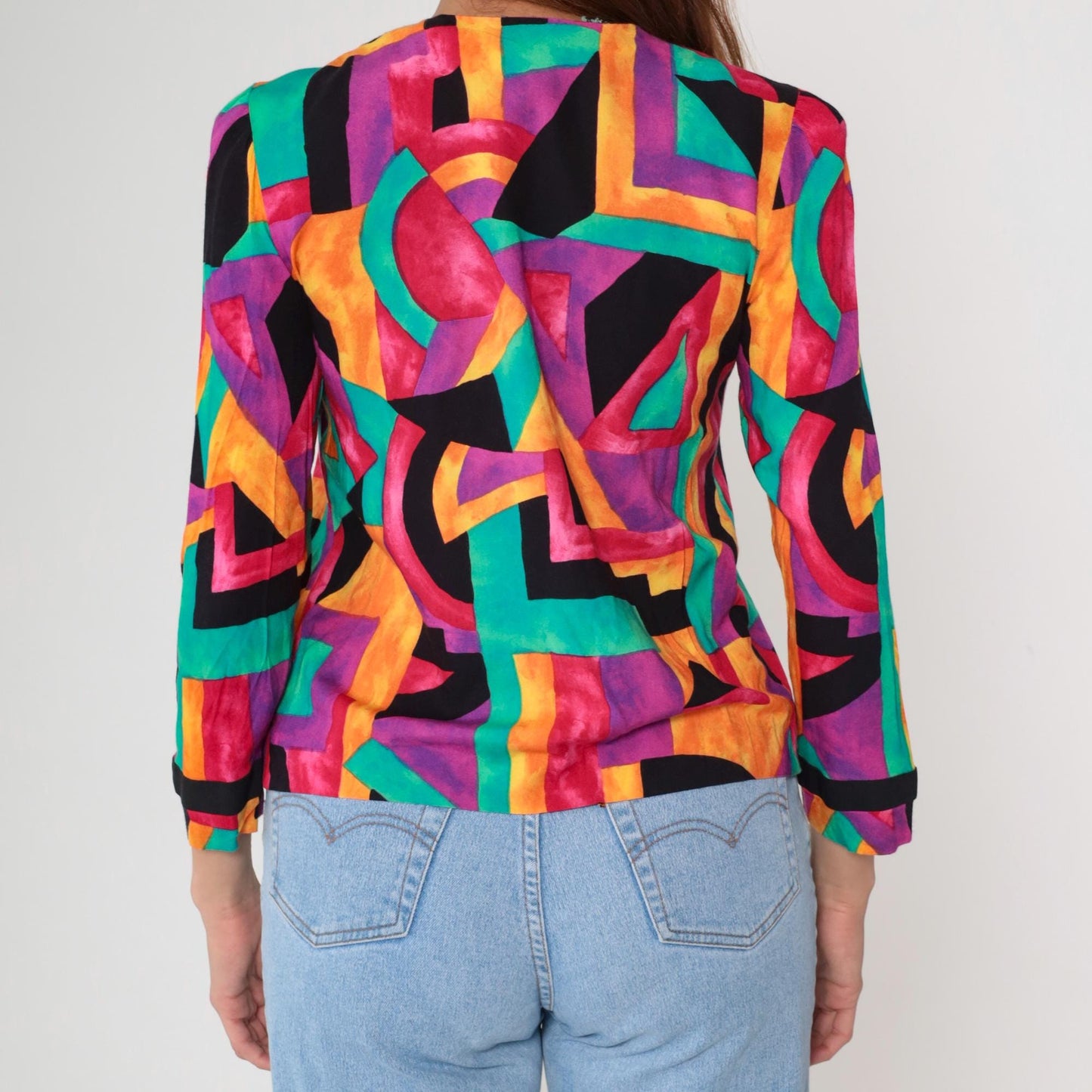 90s Lady Carol Petites Geometric Rayon Blazer Rainbow Abstract Gold Buttons Small