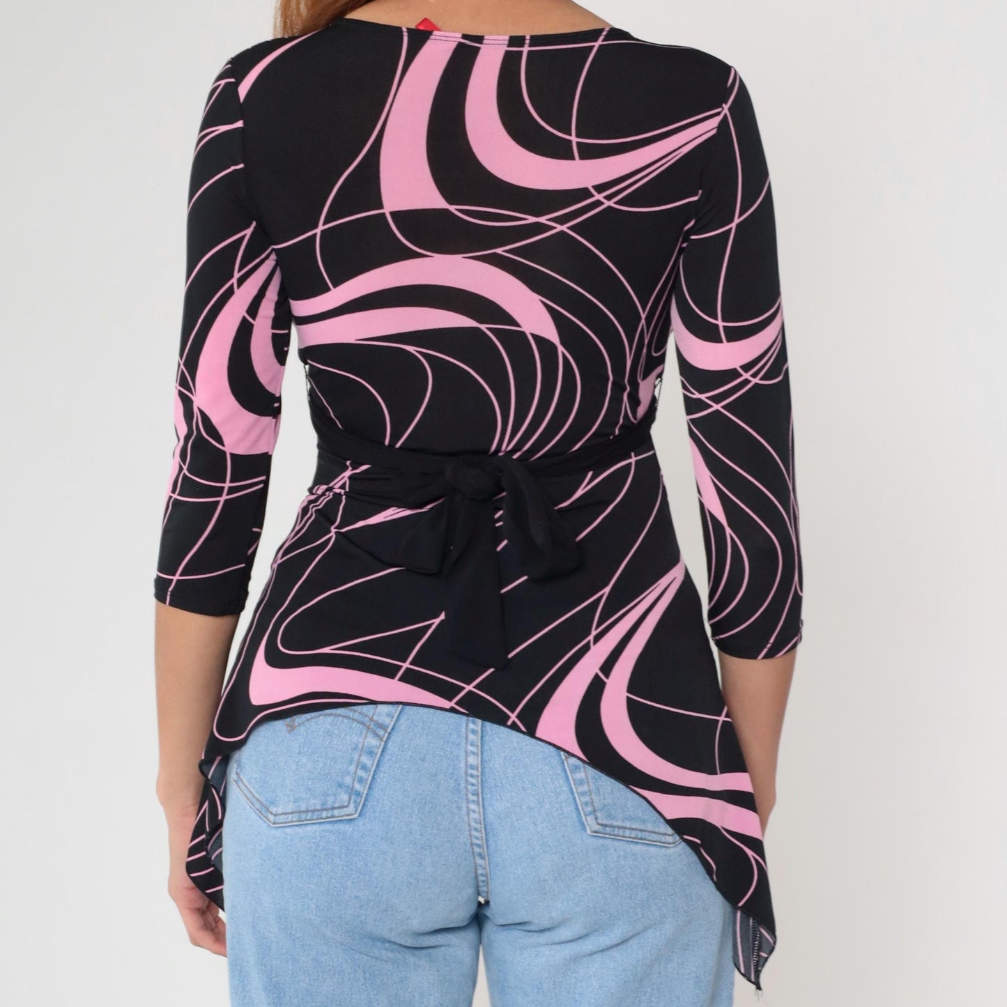 Y2K Tempted Wrap Top Black Pink Swirl Print V-Neck Small S
