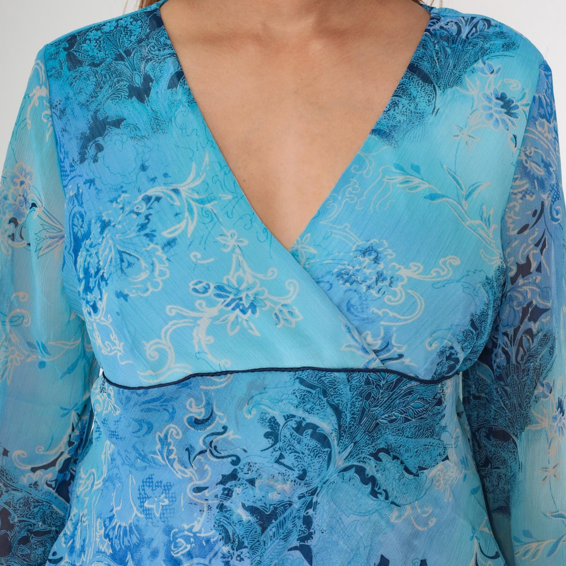 Y2K Dressbarn Wrap Top Blue Paisley Floral V-Neck Three Quarter Sleeve Large L