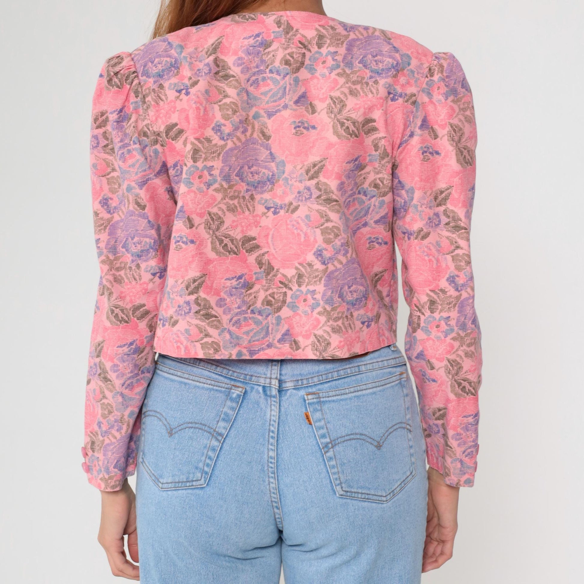 90s Alison J Floral Cropped Blouse Pink Purple Rose Puff Sleeve Medium