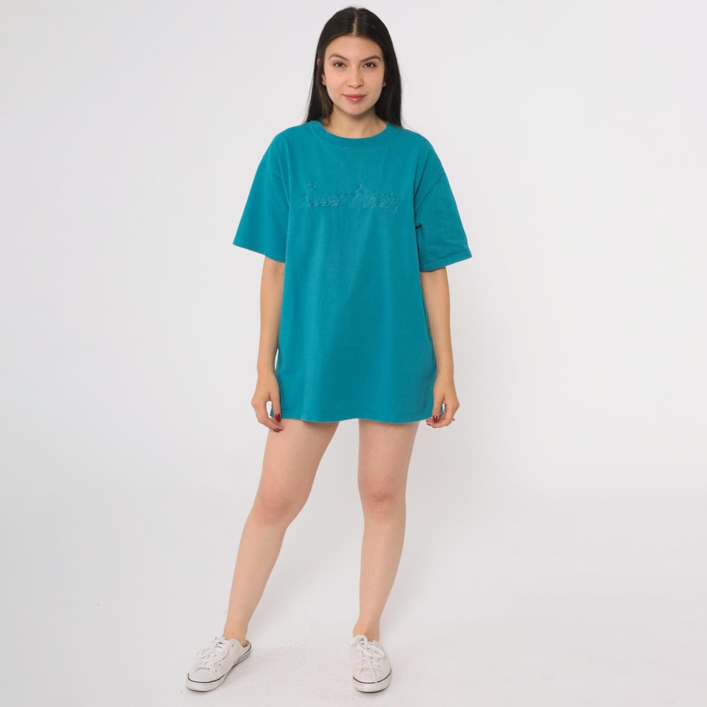 90s Russell Athletic Teal Embroidered Logo T-Shirt Cotton Crew Neck Large L