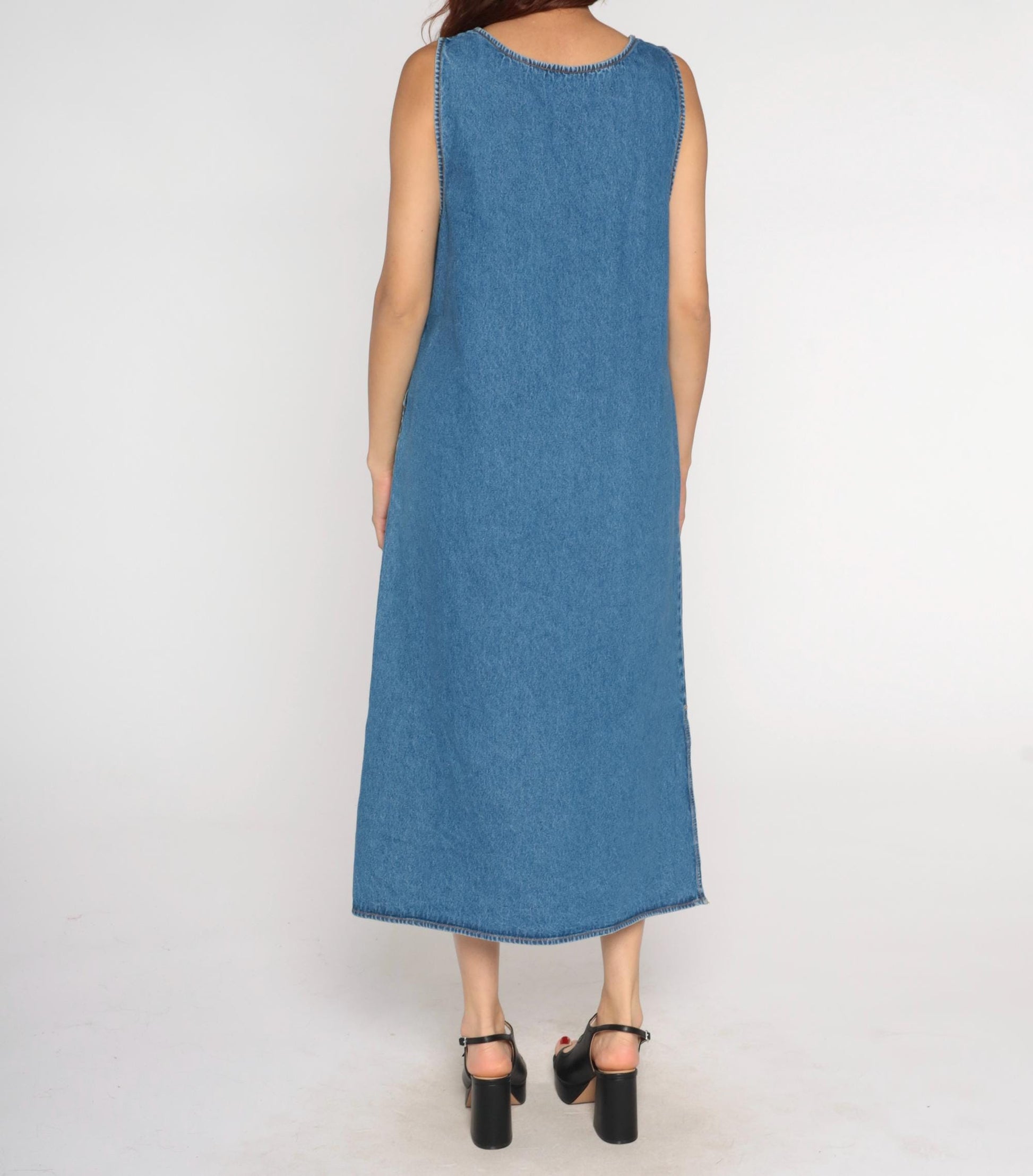 90s Agapo Denim Jumper Dress Blue Cotton Ankle Length Sleeveless Medium M