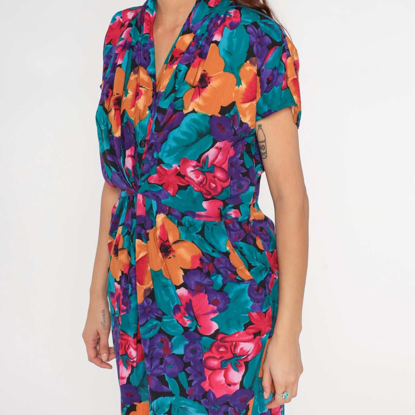 90s Tess Dress Tropical Floral Print V-Neck Tie Waist Dress Medium M