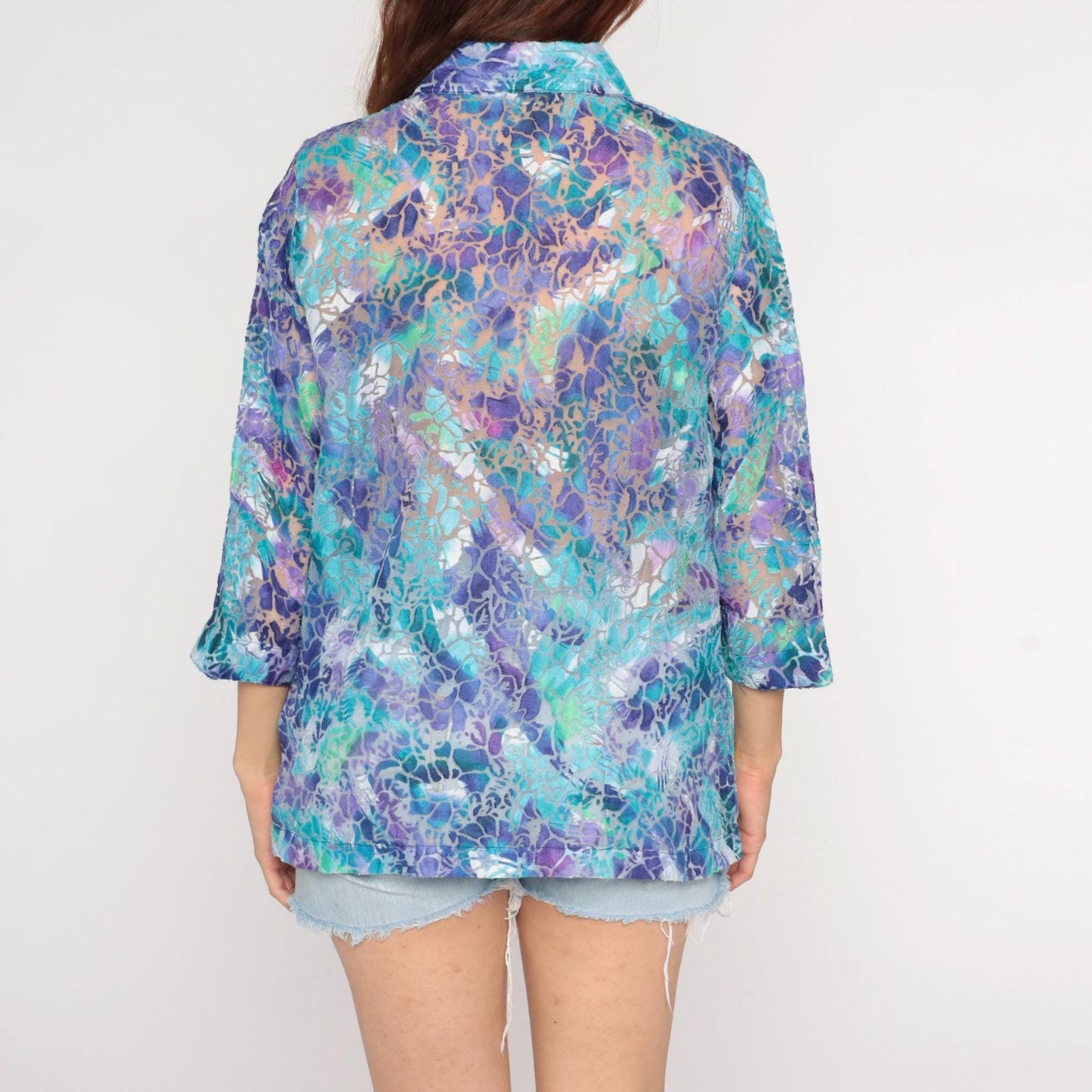 90s Allison Daley Sheer Burnout Blouse Holographic Floral Purple Large L