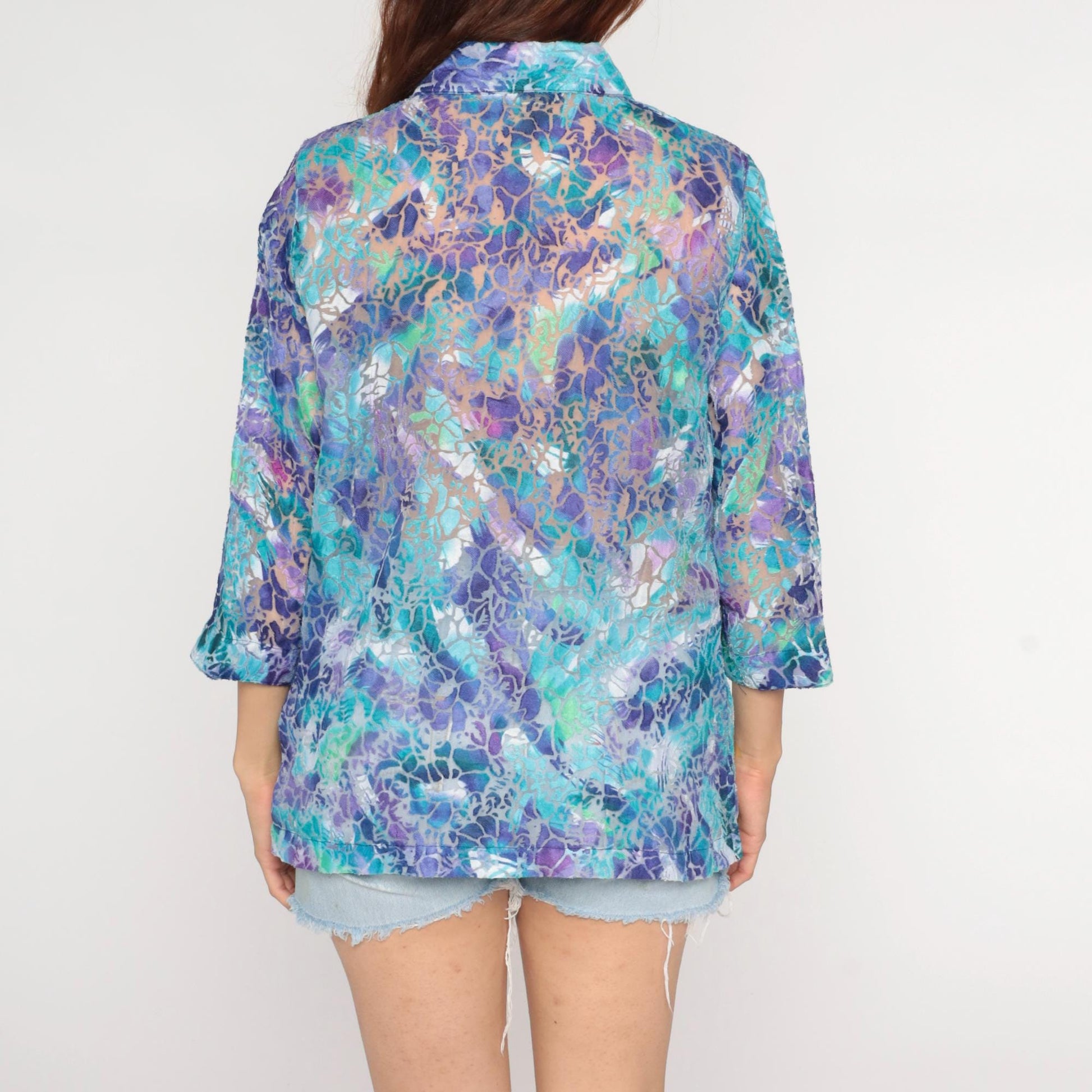 90s Allison Daley Sheer Burnout Blouse Holographic Floral Purple Large L