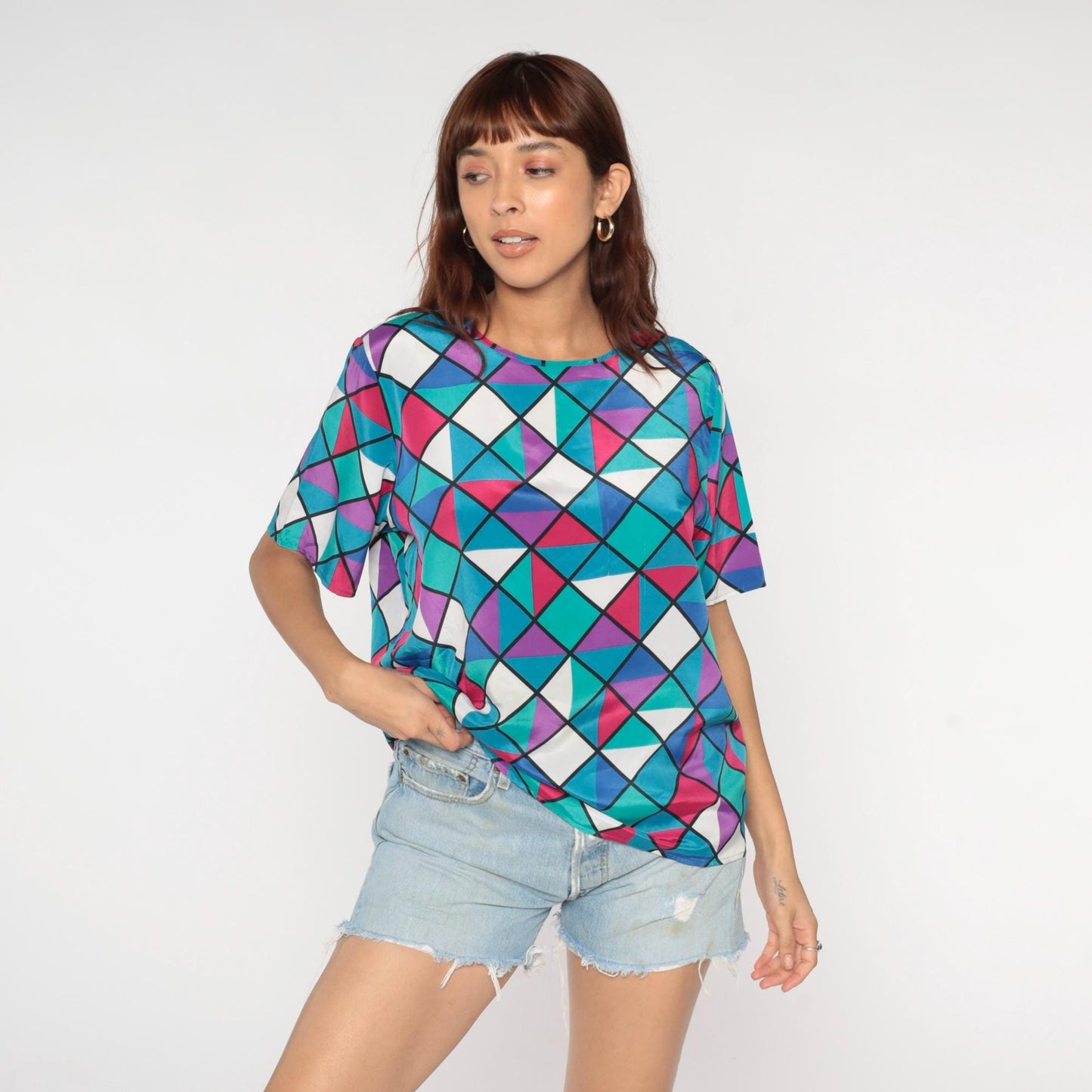 90s Geometric Square Triangle Print Button Up Blouse Colorful Short Sleeve Large L