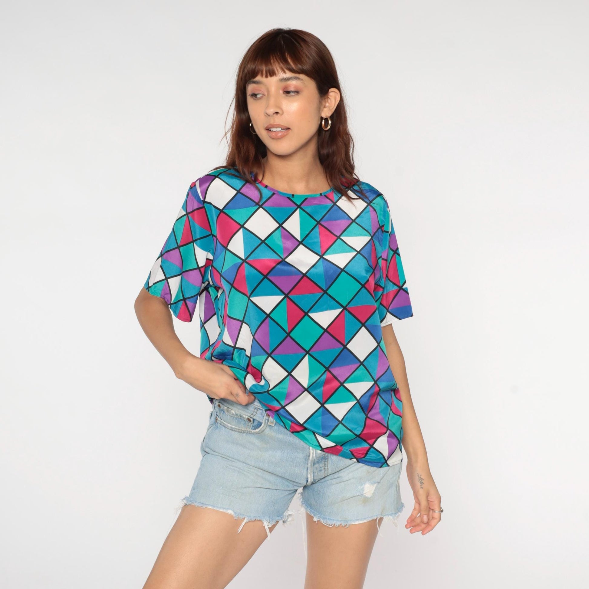90s Geometric Square Triangle Print Button Up Blouse Colorful Short Sleeve Large L