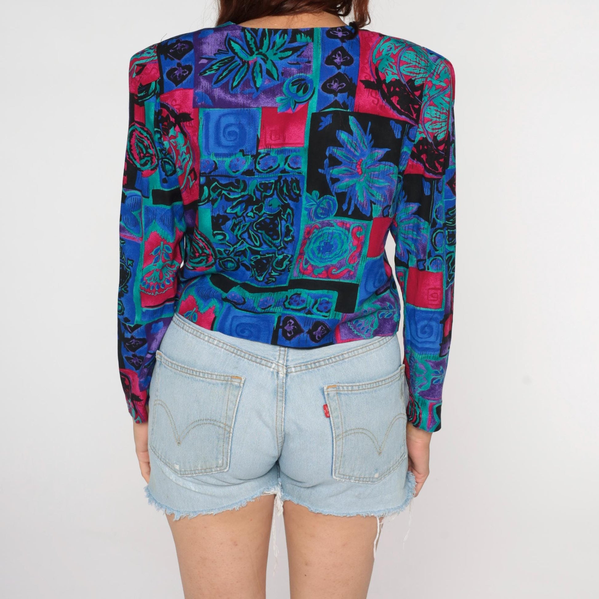 90s Patchwork Button Blouse Abstract Geometric Print Cropped Long Sleeve Medium