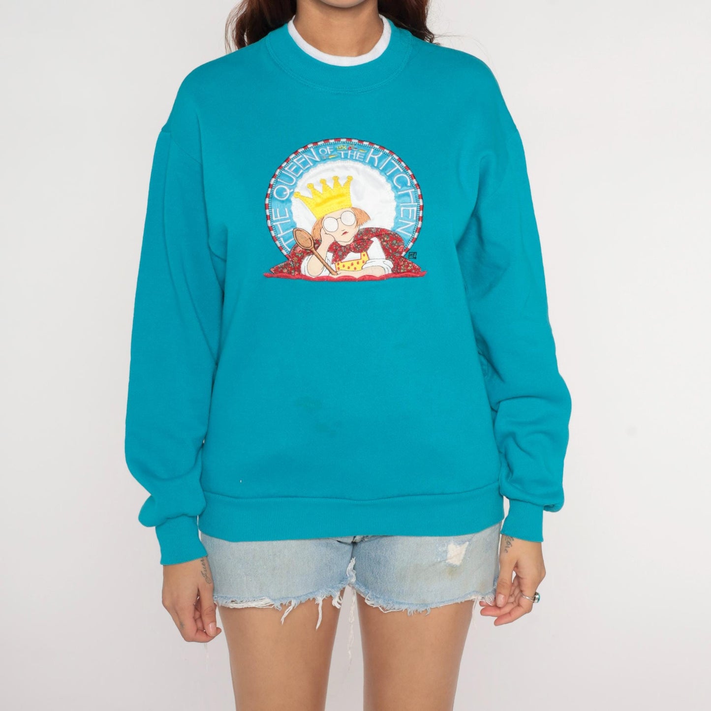 90s Mary Engelbreit Queen of the Kitchen Sweatshirt Teal Granny Collar Medium M