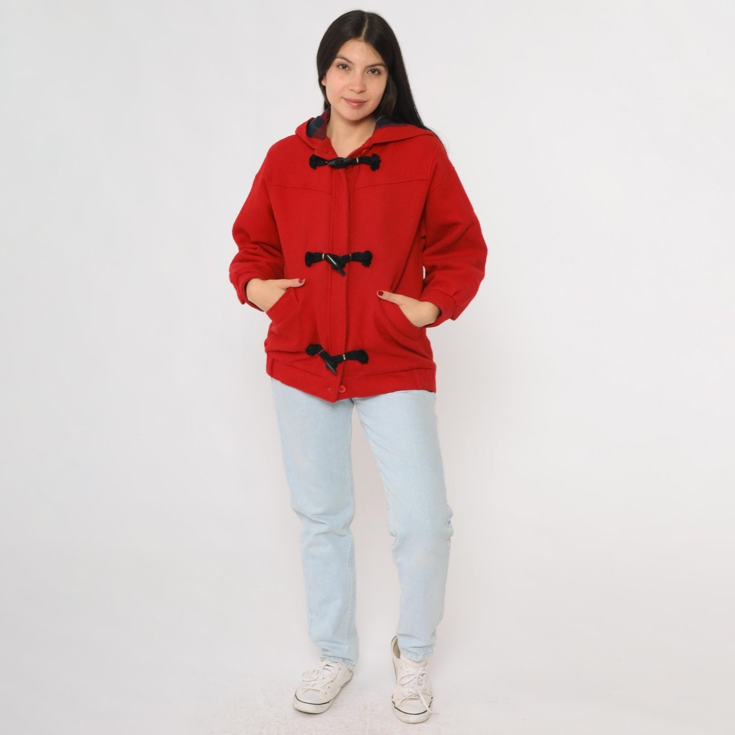 70s Woolrich Red Wool Duffle Coat Hooded Toggle Closures Plaid Lining Small