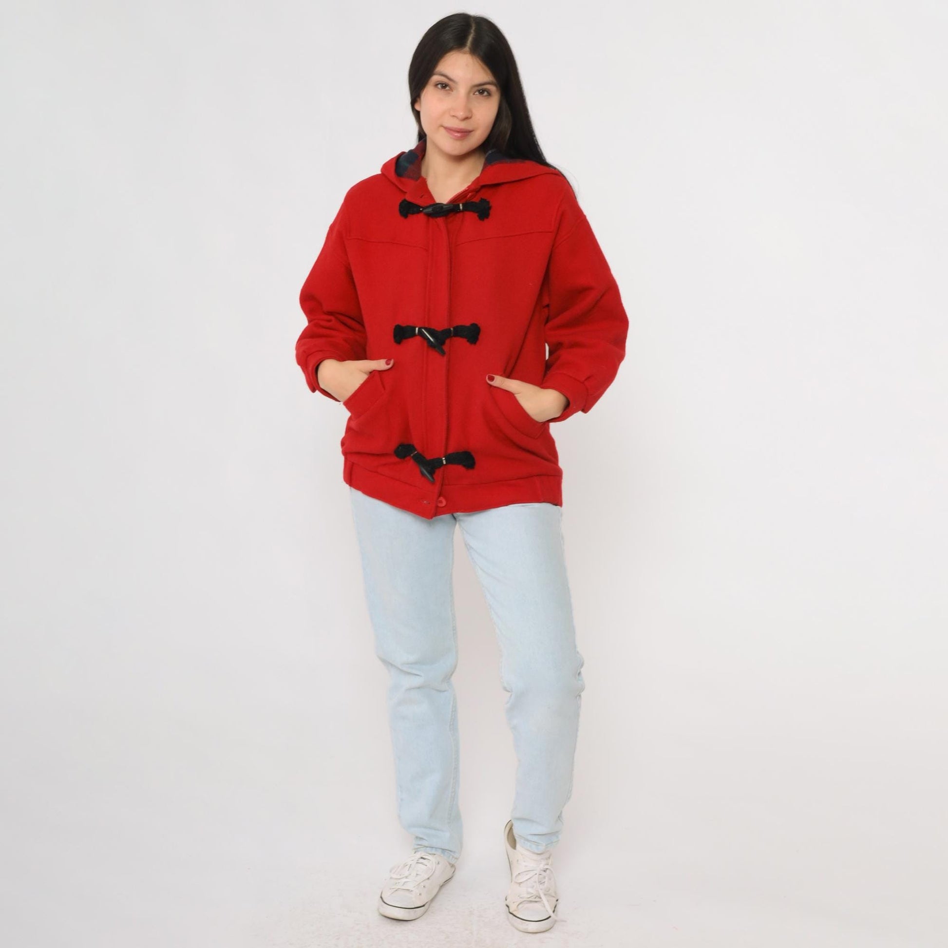 70s Woolrich Red Wool Duffle Coat Hooded Toggle Closures Plaid Lining Small