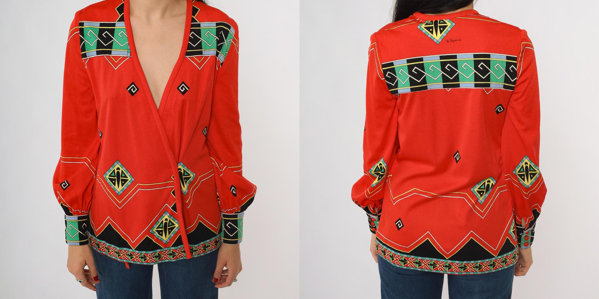 60s Paganne Gene Berk Red Wrap Blouse Geometric Tribal Print V-Neck