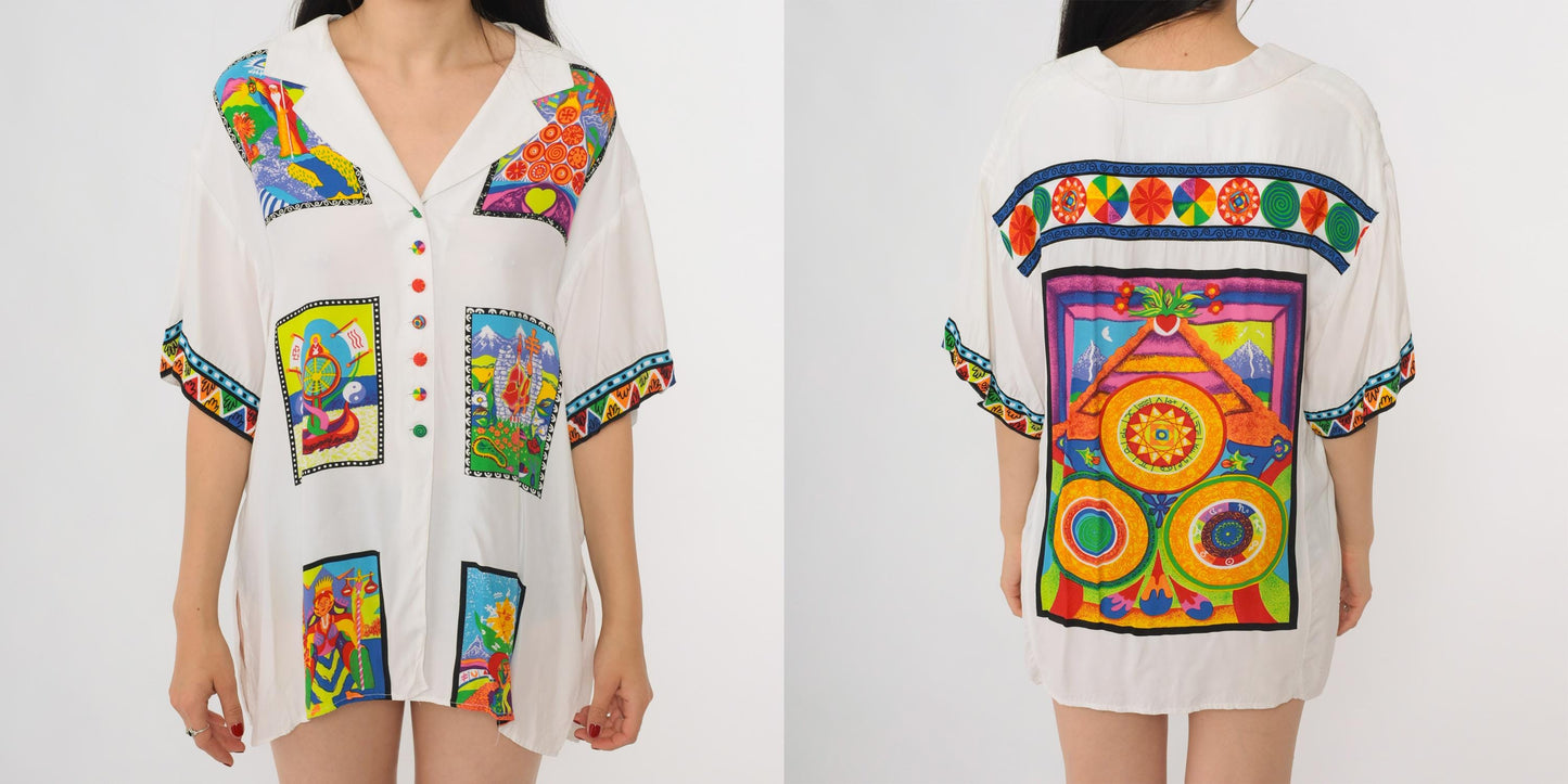 80s Platinum by Dorothy Schoelen Psychedelic Mandala Button Up Shirt White Large